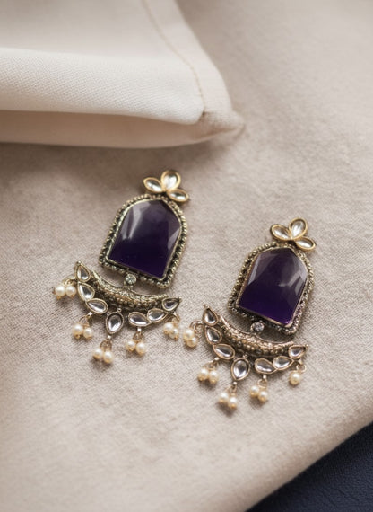 Silver Oxidized Jumbo Stone Dangler Earring for Women