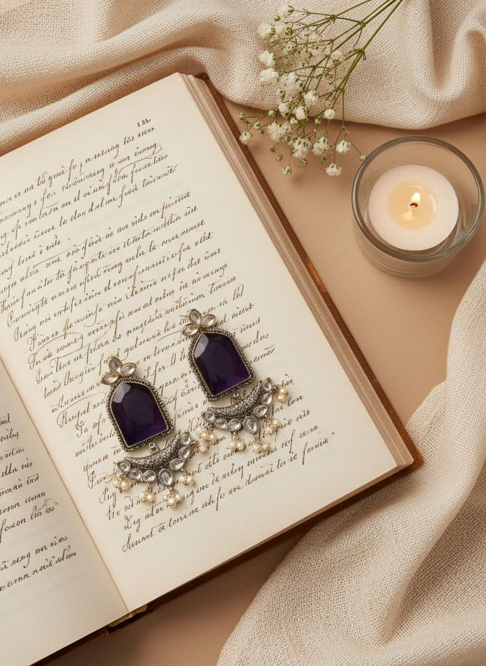Silver Oxidized Jumbo Stone Dangler Earring for Women