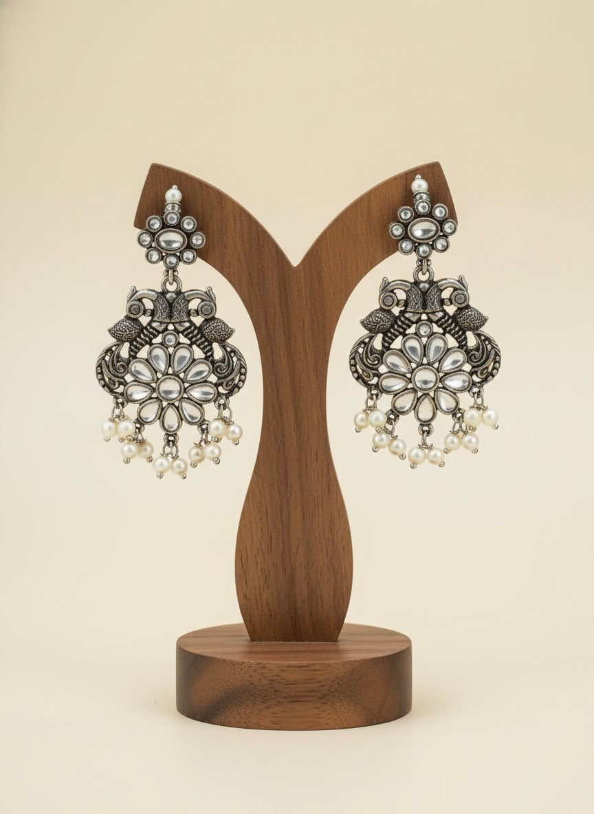 Silver Oxidized Peacock Dangler Earrings with Stone and Pearls
