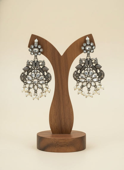 Silver Oxidized Peacock Dangler Earrings with Stone and Pearls