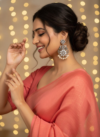 Silver Oxidized Peacock Dangler Earrings with Stone and Pearls