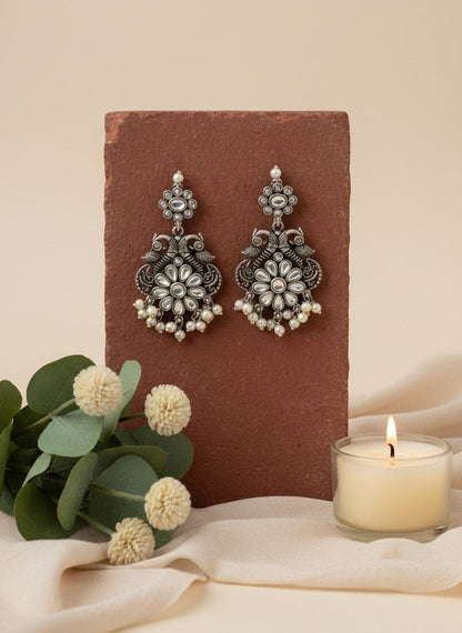 Silver Oxidized Peacock Dangler Earrings with Stone and Pearls