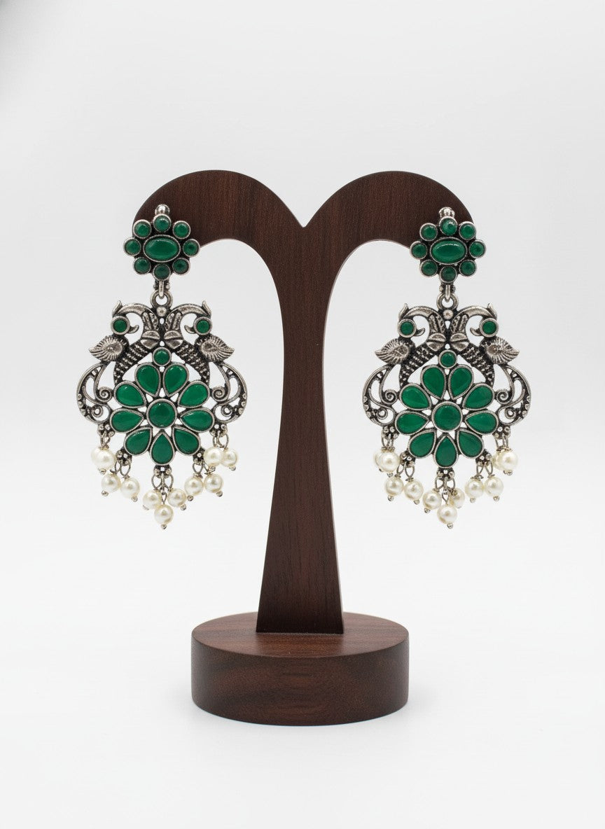 Silver Oxidized Peacock Dangler Earrings with Stone and Pearls
