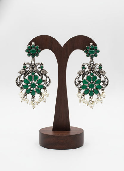 Silver Oxidized Peacock Dangler Earrings with Stone and Pearls