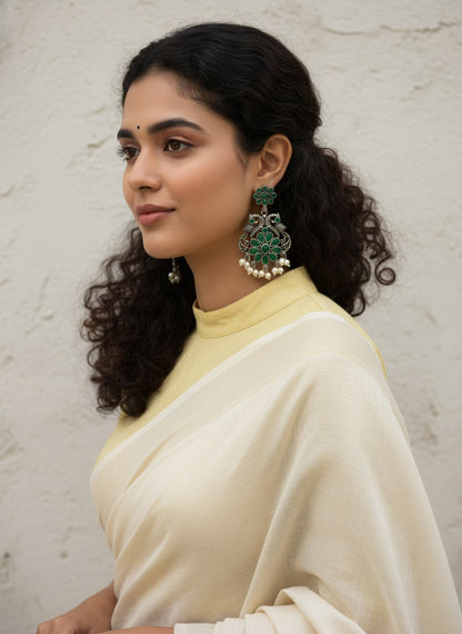 Silver Oxidized Peacock Dangler Earrings with Stone and Pearls