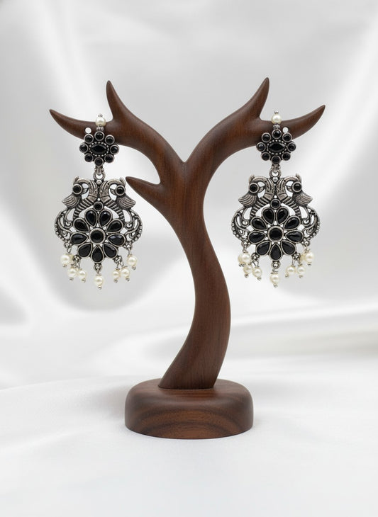 Silver Oxidized Peacock Dangler Earrings with Stone and Pearls for Women