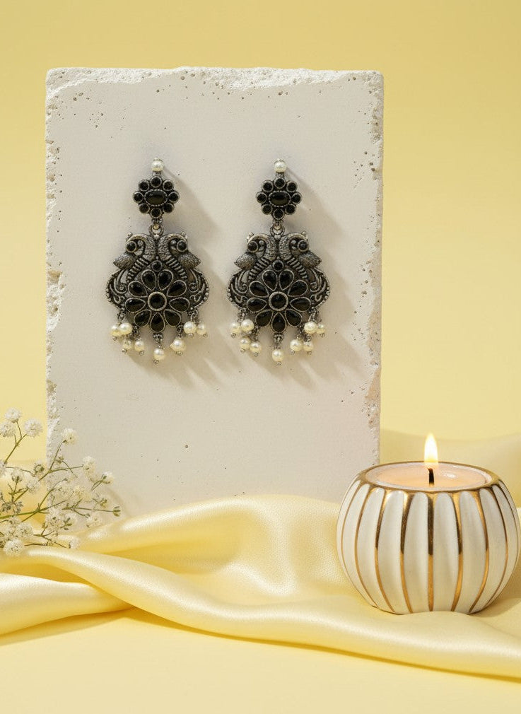 Silver Oxidized Peacock Dangler Earrings with Stone and Pearls