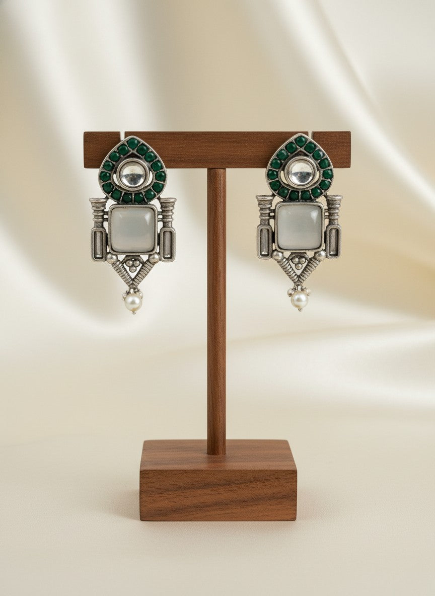 Traditional Stud Earrings with Monalisa Stone and Pearl Drop 