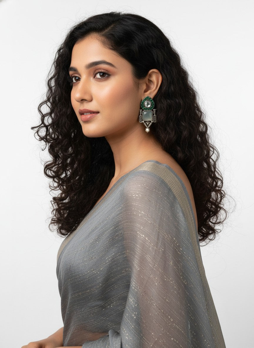 Traditional Stud Earrings with Monalisa Stone and Pearl Drop 