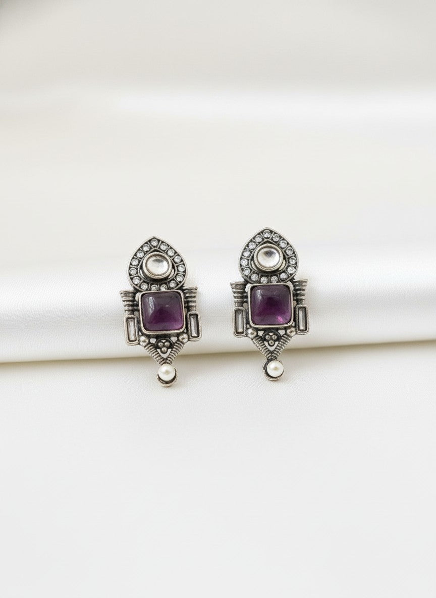 Traditional Stud Earrings with Monalisa Stone and Pearl Drop 