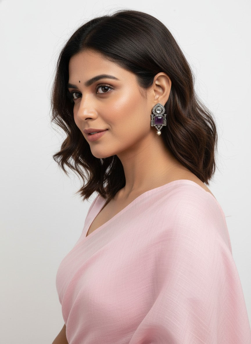 Traditional Stud Earrings with Monalisa Stone and Pearl Drop 