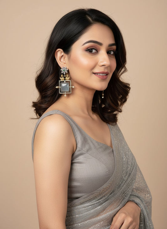 Bird design Two-Tone Silver Oxidized Monalisa Stone Dangler Earrings for Women