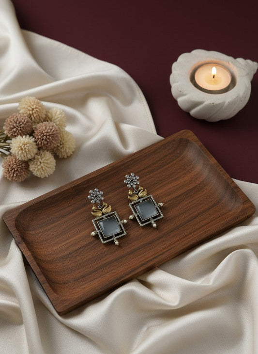 Bird design Two-Tone Silver Oxidized Monalisa Stone Dangler Earrings for Women