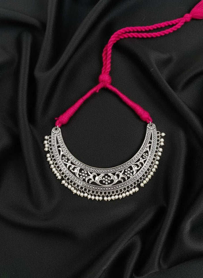 Traditional German Silver Floral Choker with Pearl detailing in an adjustable Dori back closure