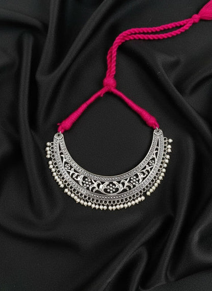 Traditional German Silver Floral Choker with Pearl detailing in an adjustable Dori back closure