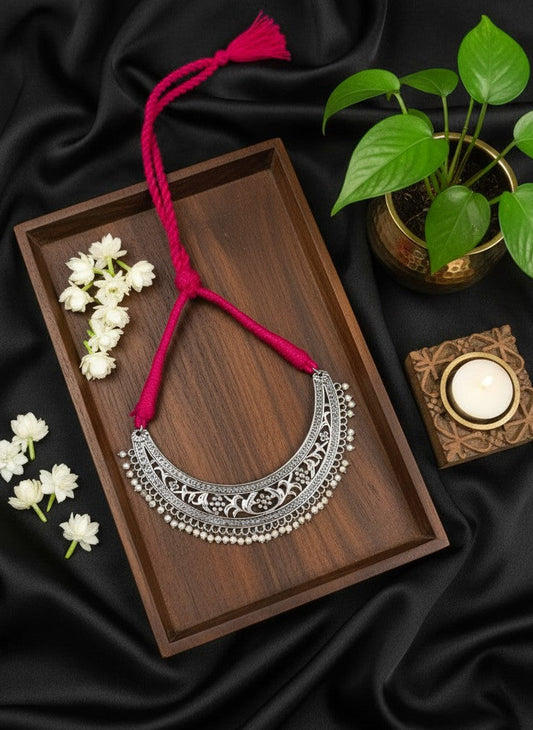 Traditional German Silver Floral Choker with Pearl detailing in an adjustable Dori back closure