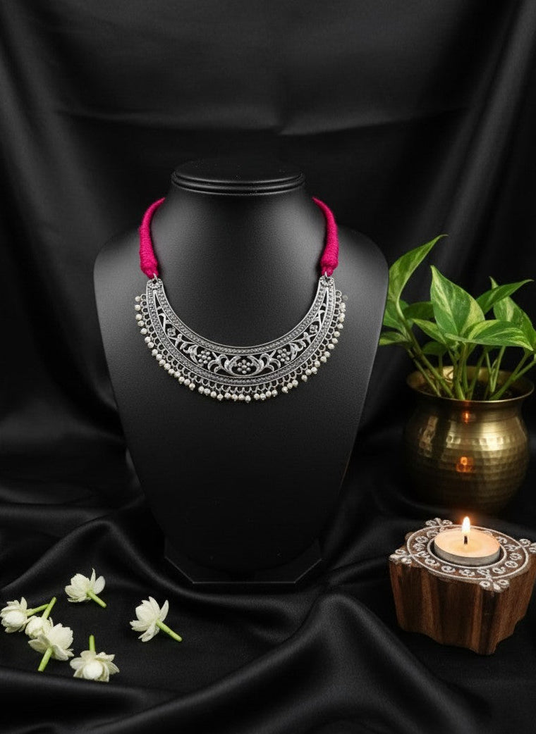 Traditional German Silver Floral Choker with Pearl detailing in an adjustable Dori back closure