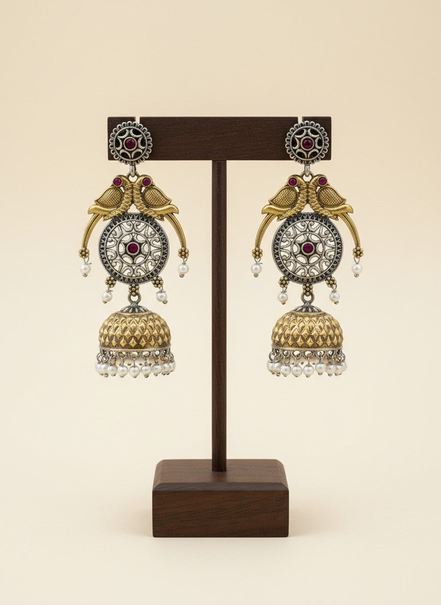 Traditional Two-Tone Parrot Jhumka Dangler Earrings for Women