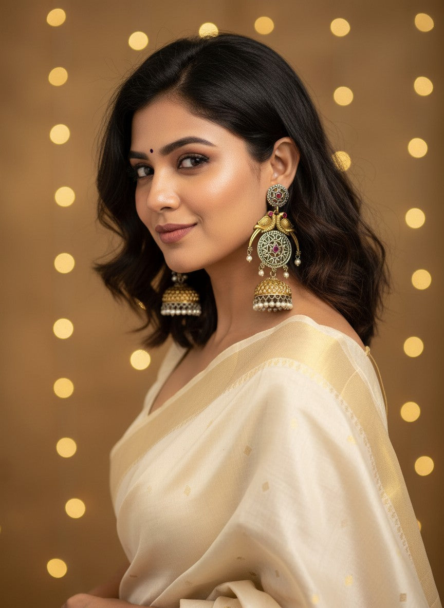 Traditional Two-Tone Parrot Jhumka Dangler Earrings for Women