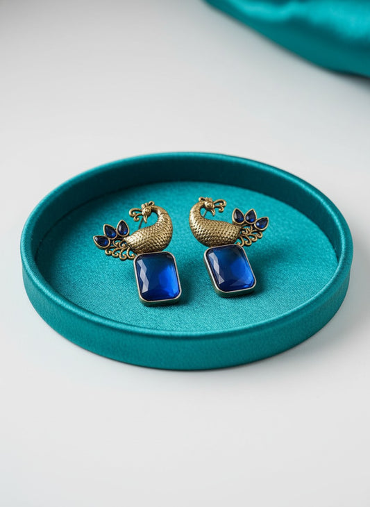 Traditional Two-Tone Peacock with Ethnic Stonework Earrings