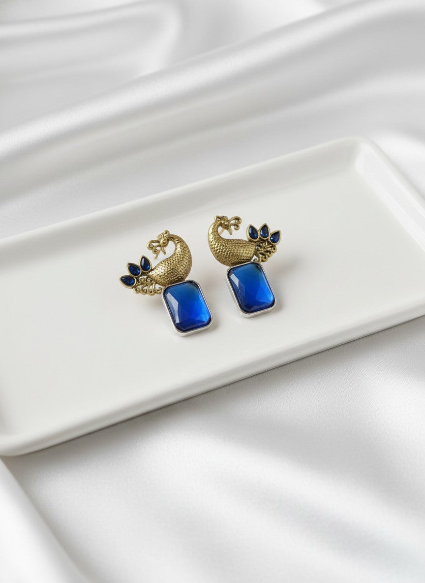 Traditional Two-Tone Peacock with Ethnic Stonework Earrings