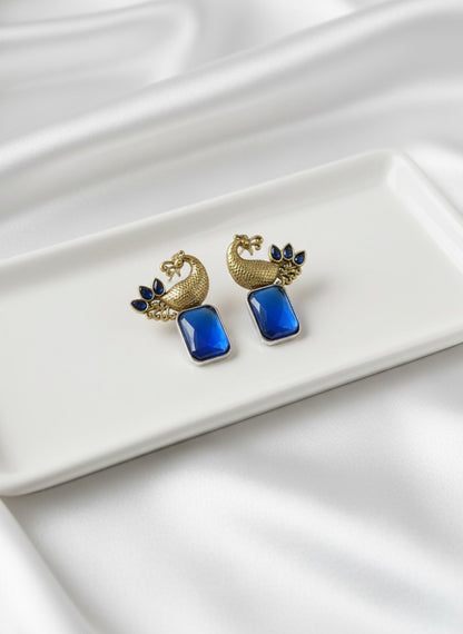 Traditional Two-Tone Peacock with Ethnic Stonework Earrings