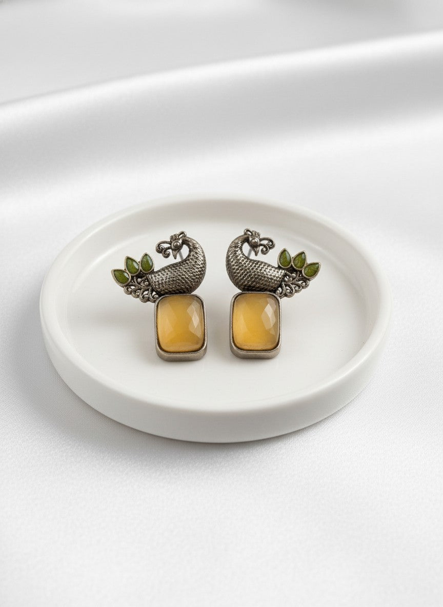 Traditional Two-Tone Peacock with Ethnic Stonework Earrings