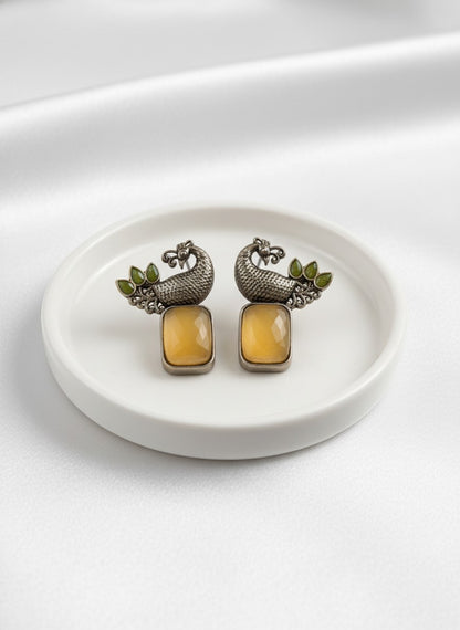 Traditional Two-Tone Peacock with Ethnic Stonework Earrings