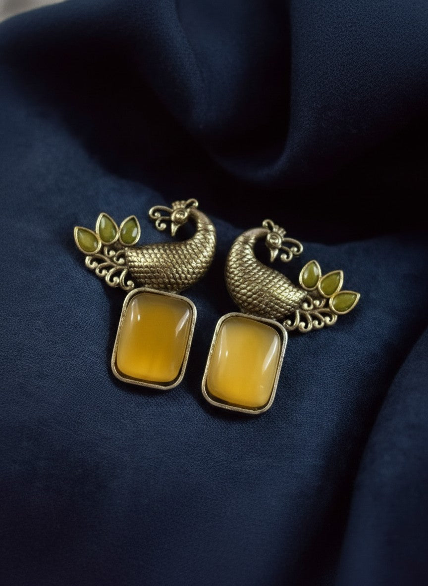 Traditional Two-Tone Peacock with Ethnic Stonework Earrings