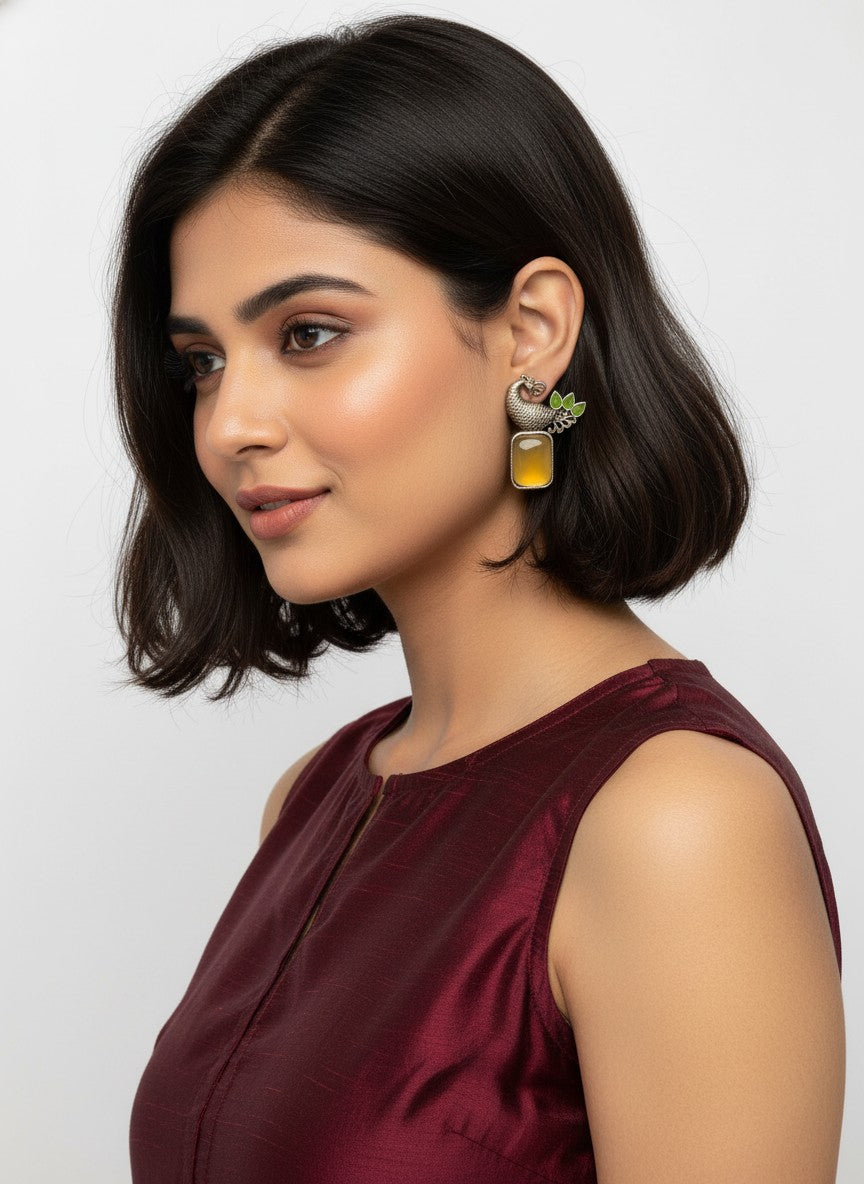 Traditional Two-Tone Peacock with Ethnic Stonework Earrings