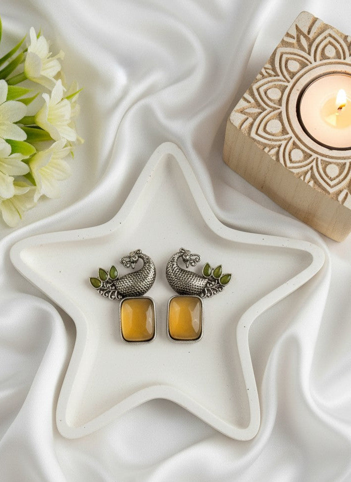 Traditional Two-Tone Peacock with Ethnic Stonework Earrings