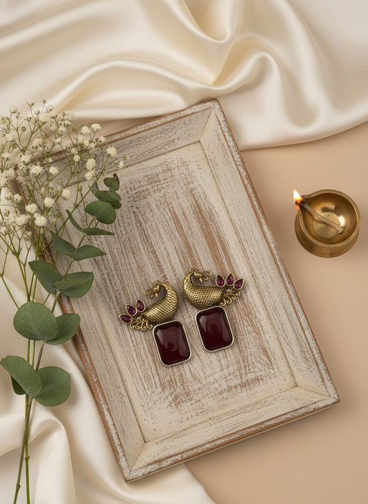 Traditional Two-Tone Peacock with ethnic stonework Earrings