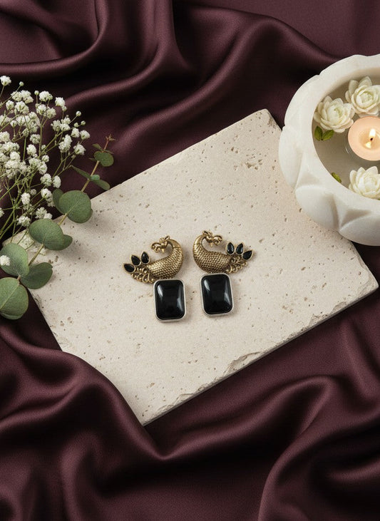 Traditional Two-Tone Peacock with ethnic stonework Earrings