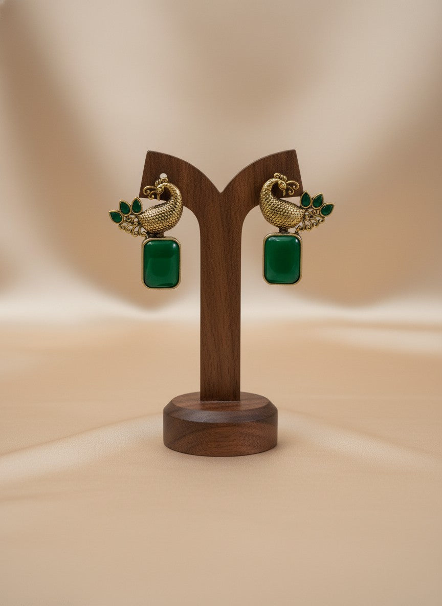 Traditional Two-Tone Peacock with Ethnic Stonework Earrings