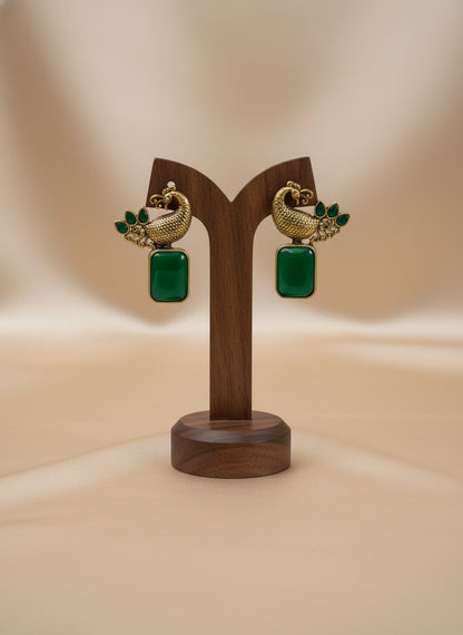 Traditional Two-Tone Peacock with Ethnic Stonework Earrings