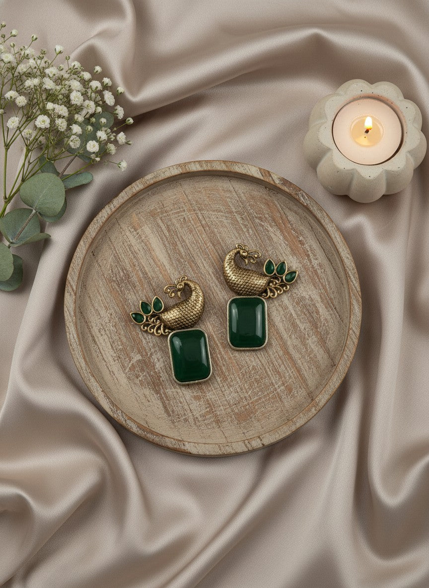 Traditional Two-Tone Peacock with Ethnic Stonework Earrings