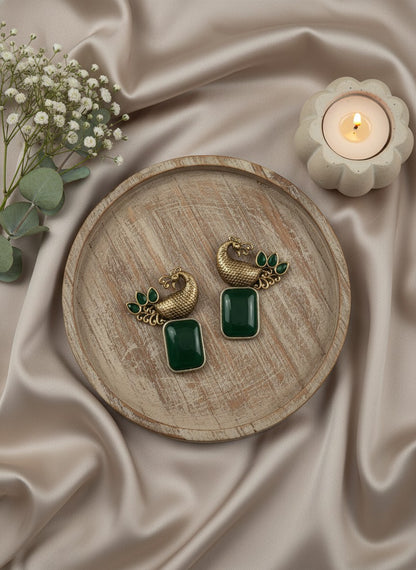 Traditional Two-Tone Peacock with Ethnic Stonework Earrings