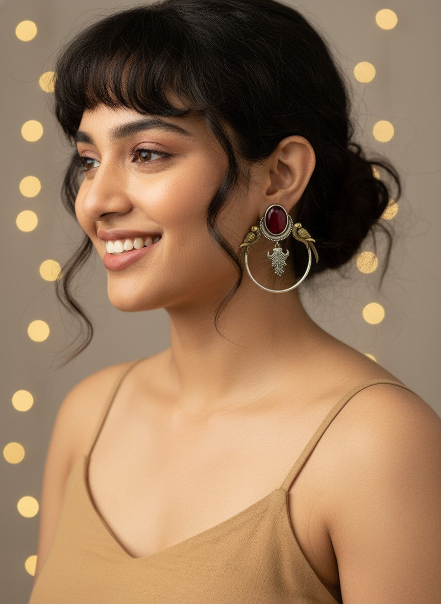 Silver Oxidized Two-Tone Parrot Earrings for Women