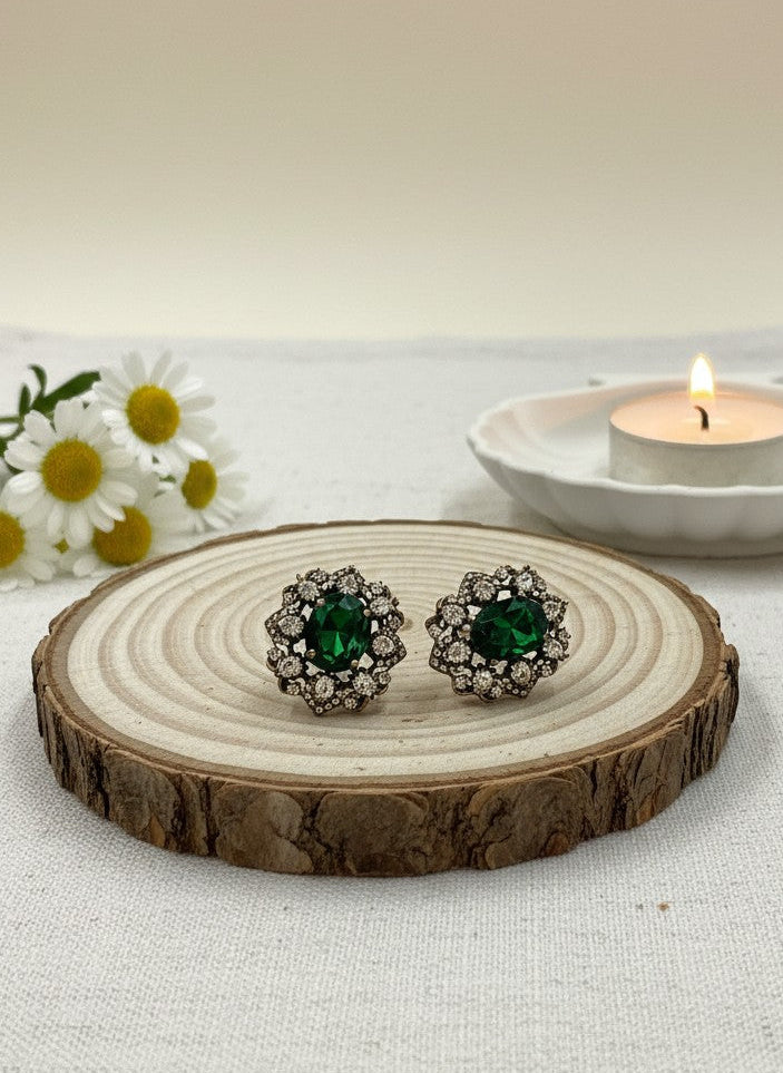 Victorian Gold Plated Polki Stud Earrings - Green
