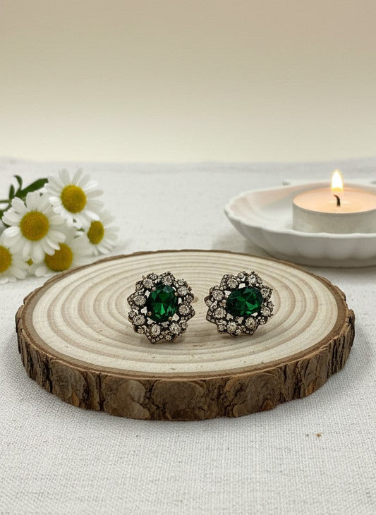 Victorian Gold Plated Polki Stud Earrings - Green