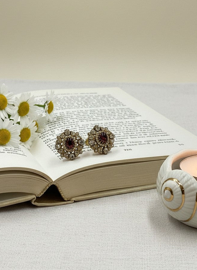 Victorian Floral Pattern Gold Plated Polki Stud Earrings