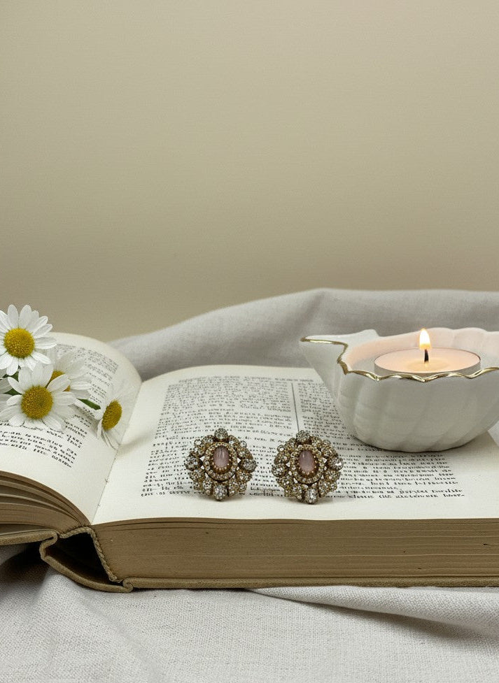 Victorian Floral Pattern Gold Plated Polki Stud Earrings