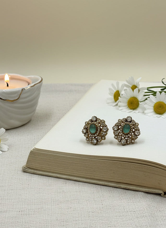 Victorian Floral Pattern Gold Plated Polki Stud Earrings for Women