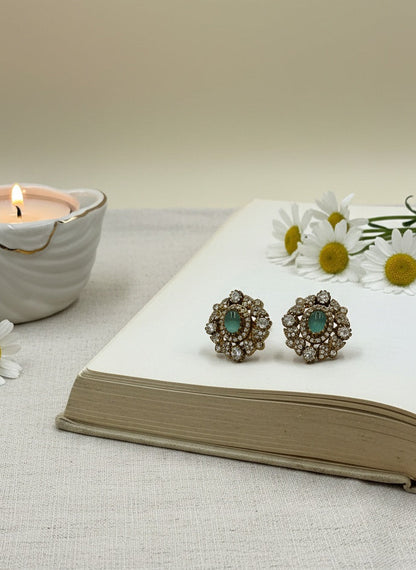 Victorian Floral Pattern Gold Plated Polki Stud Earrings for Women