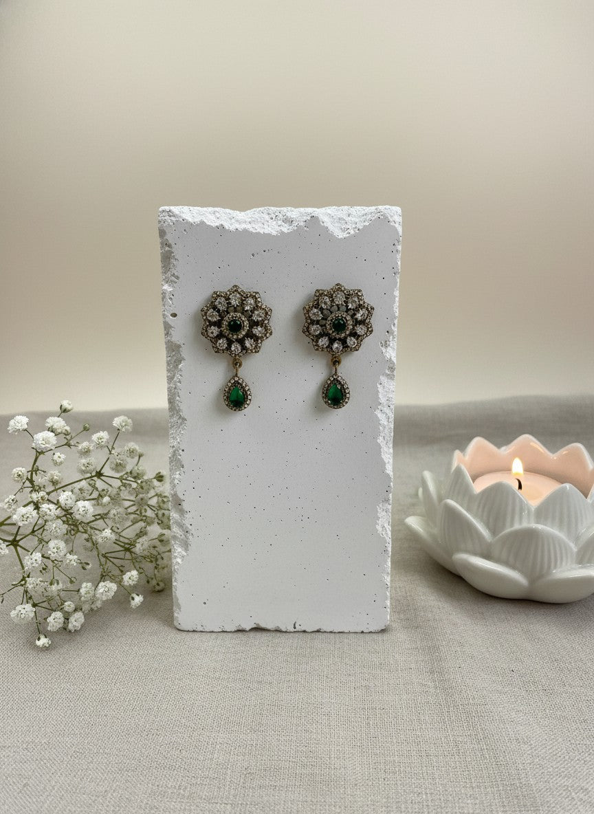 Victorian Gold Plated Polki Stud Earrings with Stone Drop