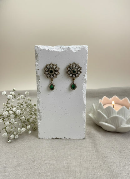 Victorian Gold Plated Polki Stud Earrings with Stone Drop