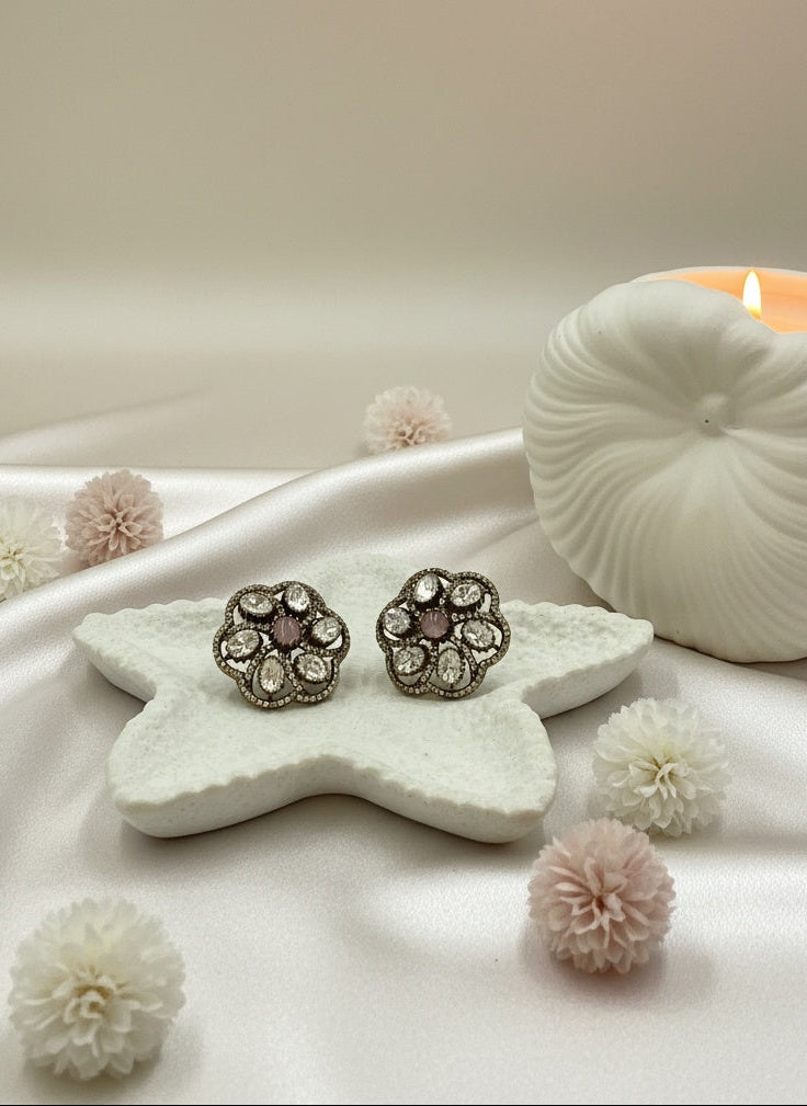 Victorian Gold Plated Floral Pattern Polki Stud Earrings