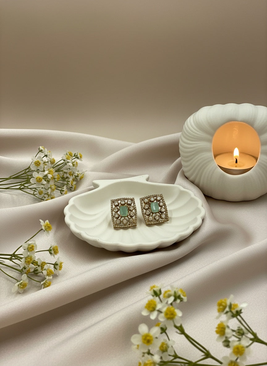 Victorian Gold Plated Polki Stud Earrings in Geometric Pattern