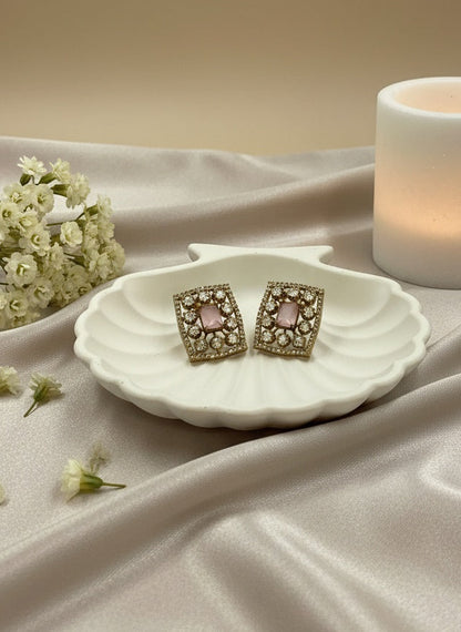 Victorian Gold Plated Polki Stud Earrings in Geometric Pattern for Women