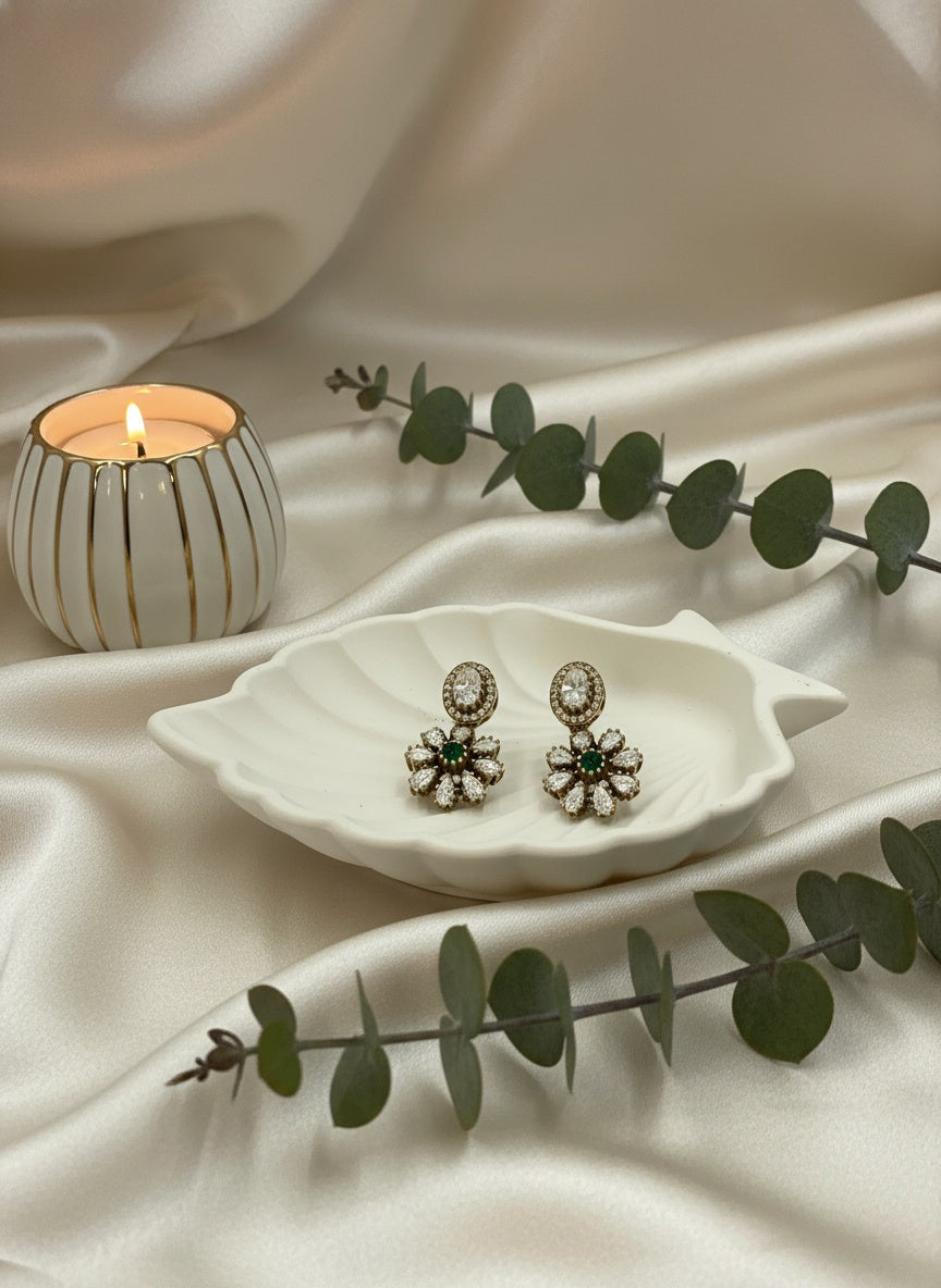 Victorian Gold Plated Polki Stud Earrings with Floral Drop